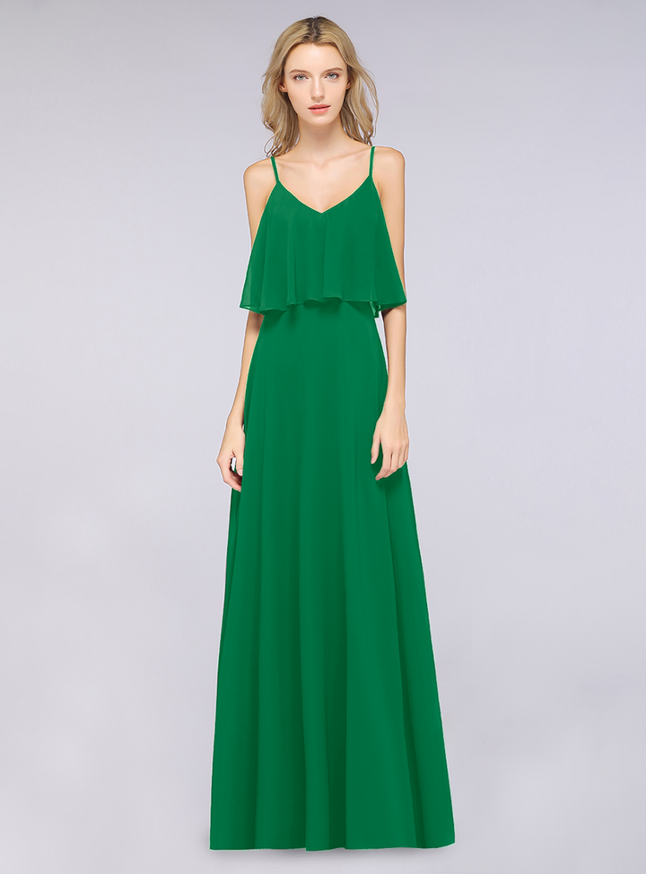 A-line V-Neck Chiffon Floor-Length Dress with Spaghetti Straps-koscy