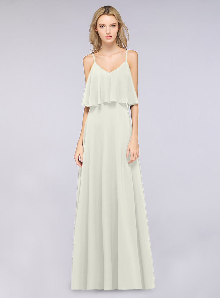 A-line V-Neck Chiffon Floor-Length Dress with Spaghetti Straps-koscy