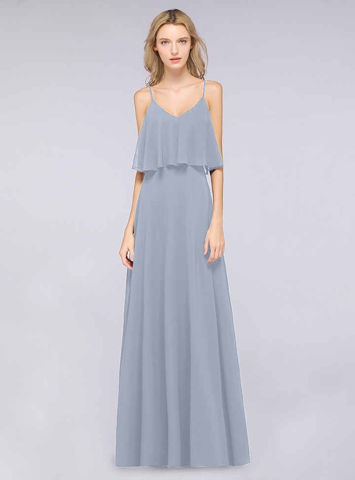 A-line V-Neck Chiffon Floor-Length Dress with Spaghetti Straps-koscy