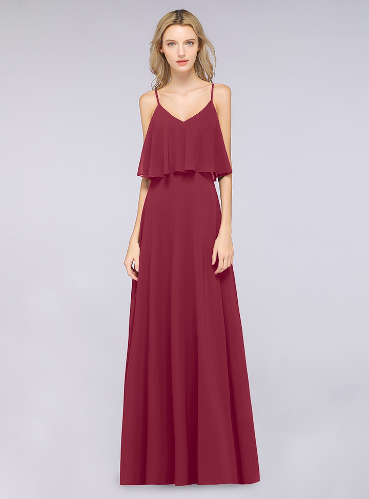 A-line V-Neck Chiffon Floor-Length Dress with Spaghetti Straps-koscy