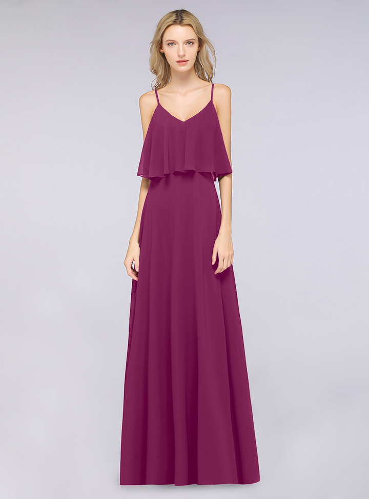 A-line V-Neck Chiffon Floor-Length Dress with Spaghetti Straps-koscy