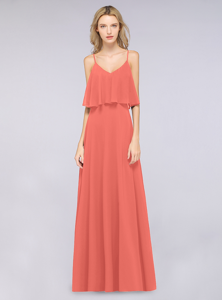 A-line V-Neck Chiffon Floor-Length Dress with Spaghetti Straps-koscy