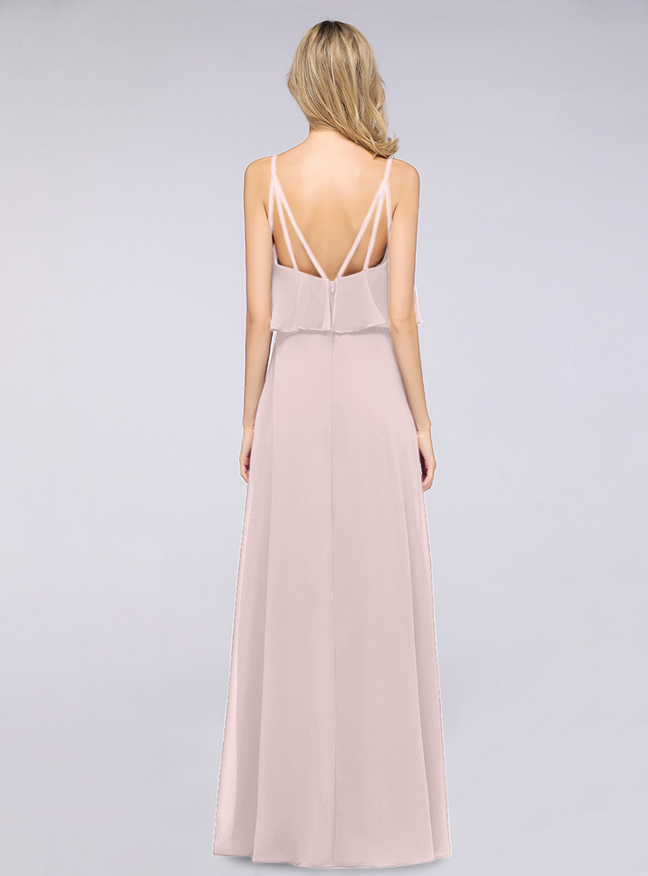 A-line V-Neck Chiffon Floor-Length Dress with Spaghetti Straps-koscy