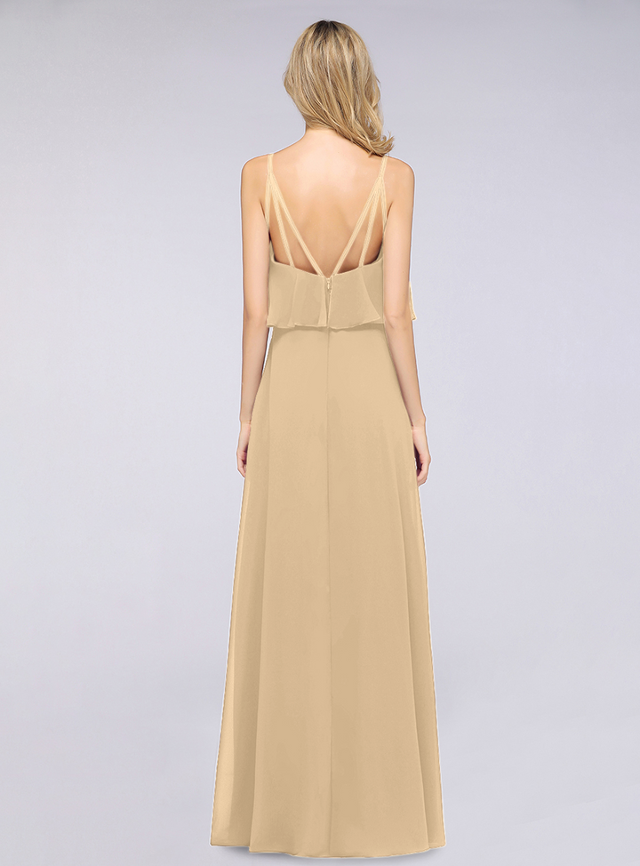 A-line V-Neck Chiffon Floor-Length Dress with Spaghetti Straps-koscy