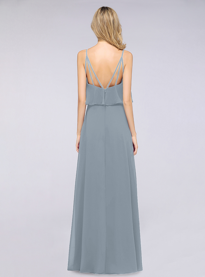 A-line V-Neck Chiffon Floor-Length Dress with Spaghetti Straps-koscy