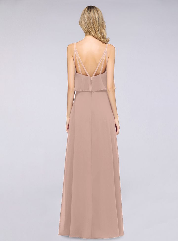 A-line V-Neck Chiffon Floor-Length Dress with Spaghetti Straps-koscy