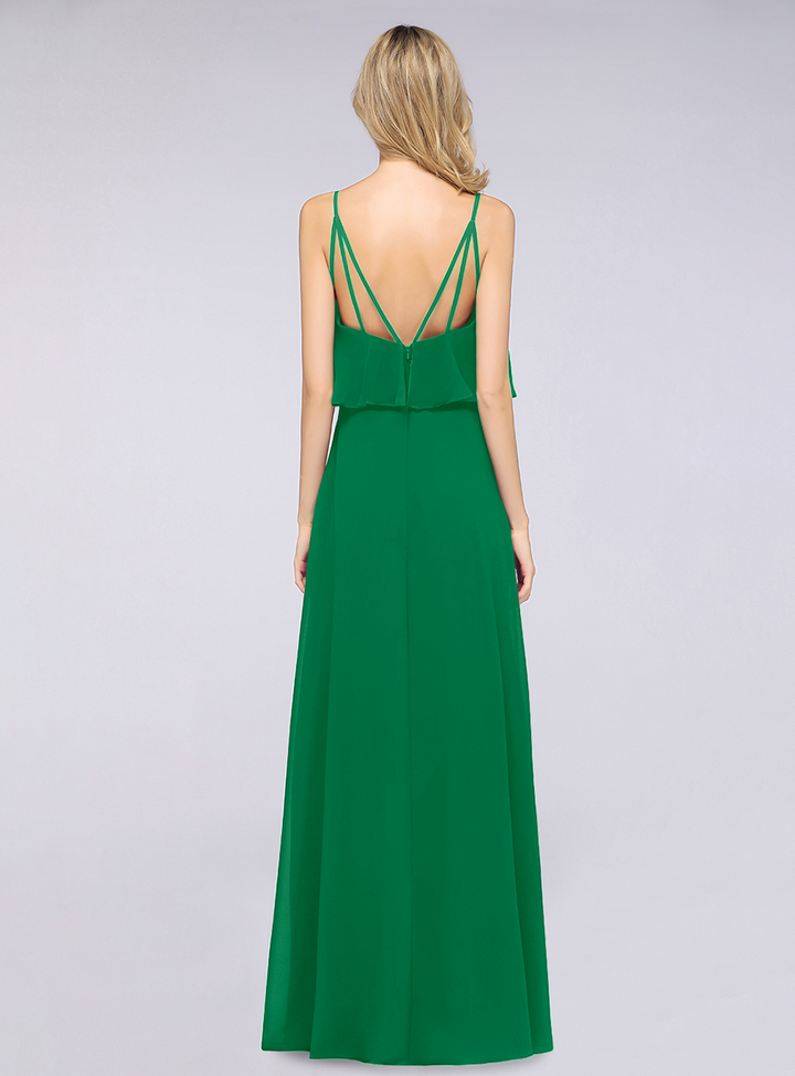 A-line V-Neck Chiffon Floor-Length Dress with Spaghetti Straps-koscy