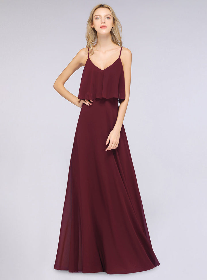 A-line V-Neck Chiffon Floor-Length Dress with Spaghetti Straps-koscy