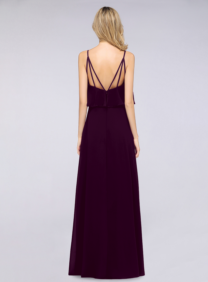 A-line V-Neck Chiffon Floor-Length Dress with Spaghetti Straps-koscy