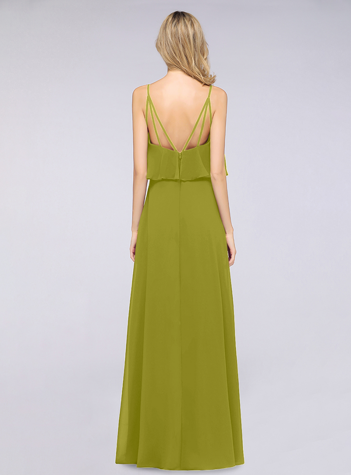 A-line V-Neck Chiffon Floor-Length Dress with Spaghetti Straps-koscy