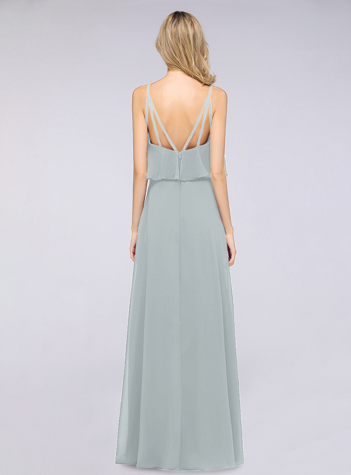 A-line V-Neck Chiffon Floor-Length Dress with Spaghetti Straps-koscy