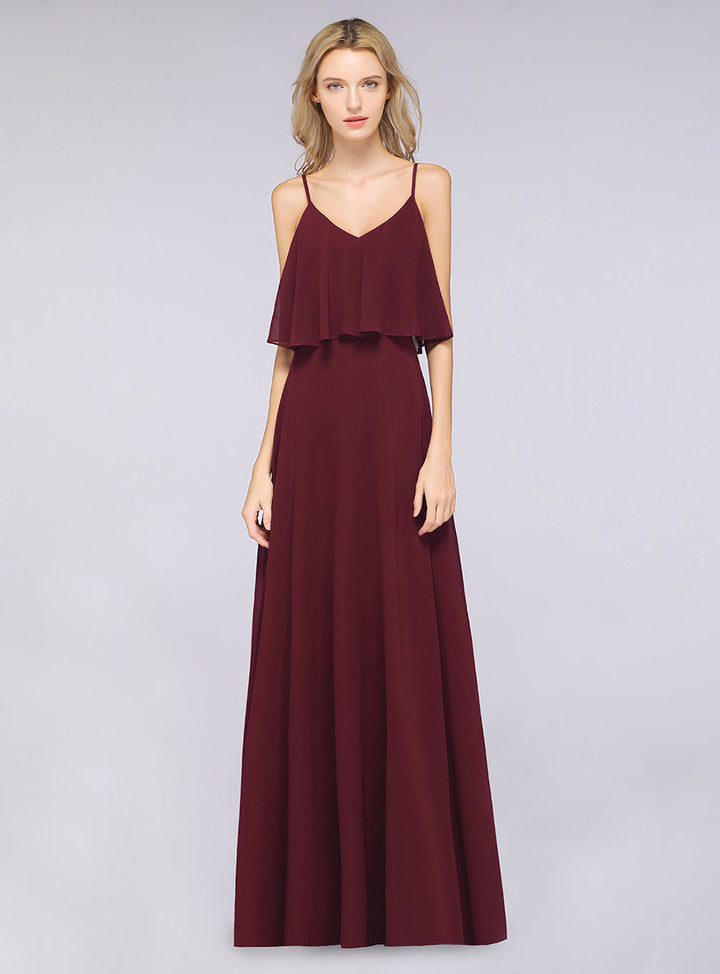 A-line V-Neck Chiffon Floor-Length Dress with Spaghetti Straps-koscy