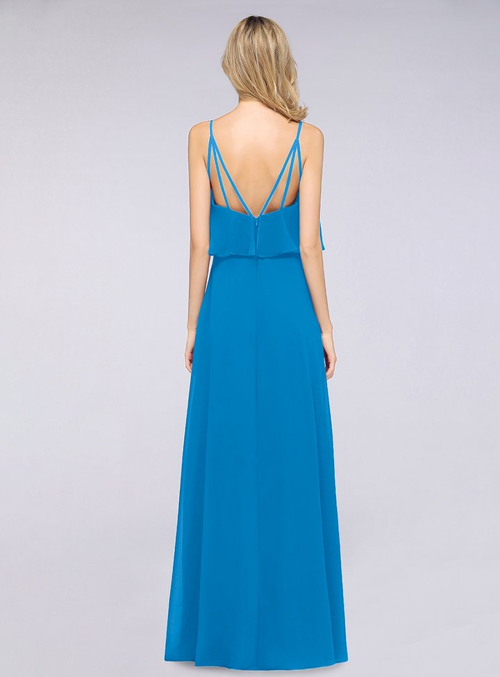 A-line V-Neck Chiffon Floor-Length Dress with Spaghetti Straps-koscy