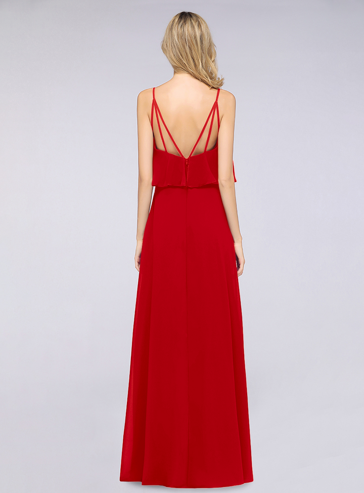 A-line V-Neck Chiffon Floor-Length Dress with Spaghetti Straps-koscy