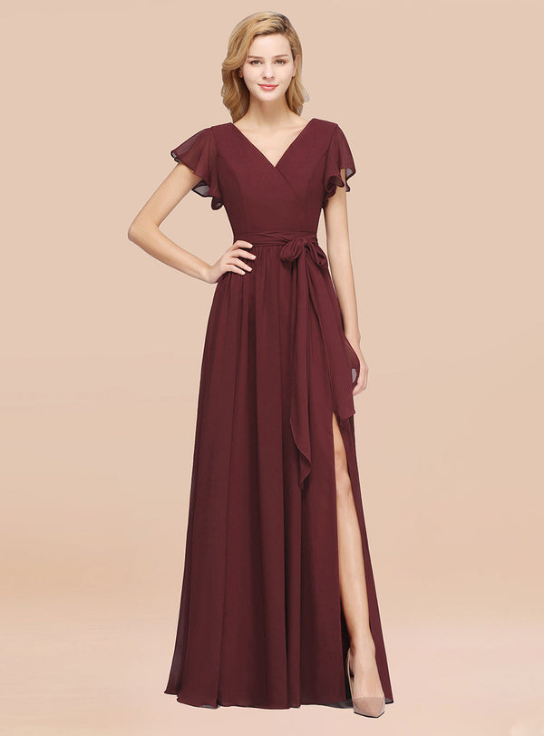 A-line V-Neck Chiffon Side Slit Floor-Length Dress With Short-Sleeves-koscy