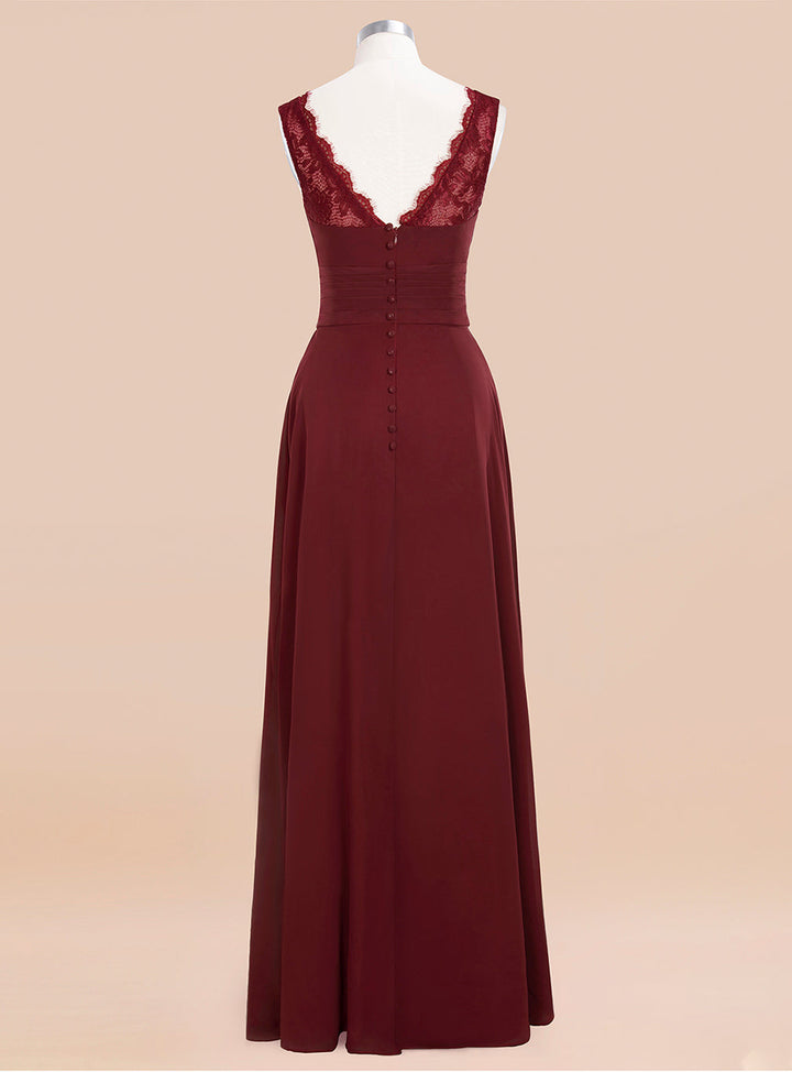 A-line V-Neck Floral Lace Chiffon Floor-Length Dress Burgundy-koscy