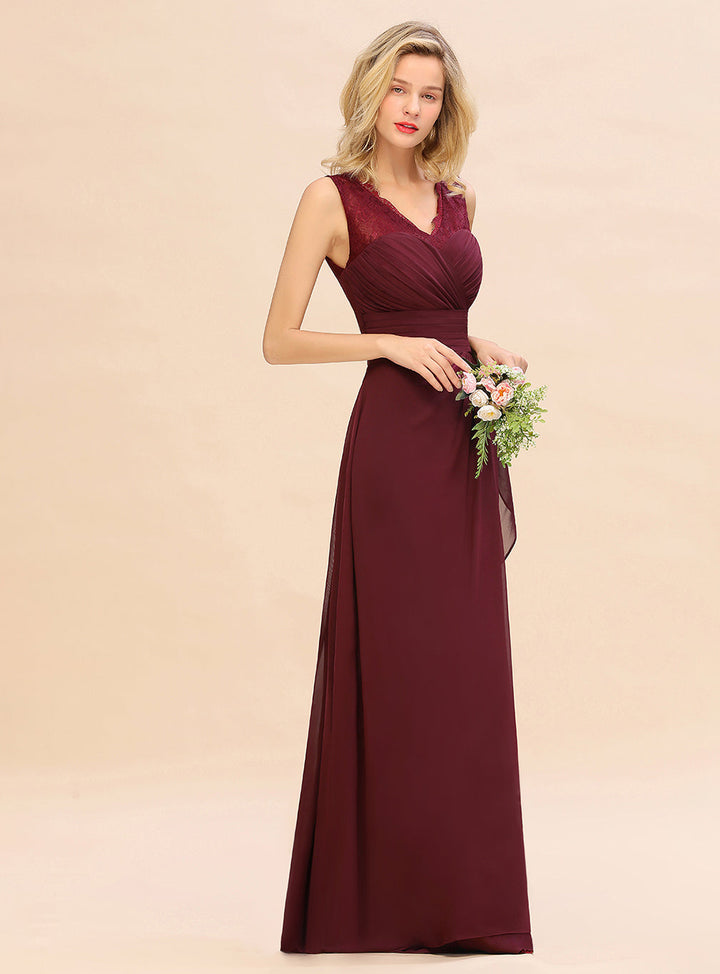 A-line V-Neck Floral Lace Chiffon Floor-Length Dress Burgundy-koscy