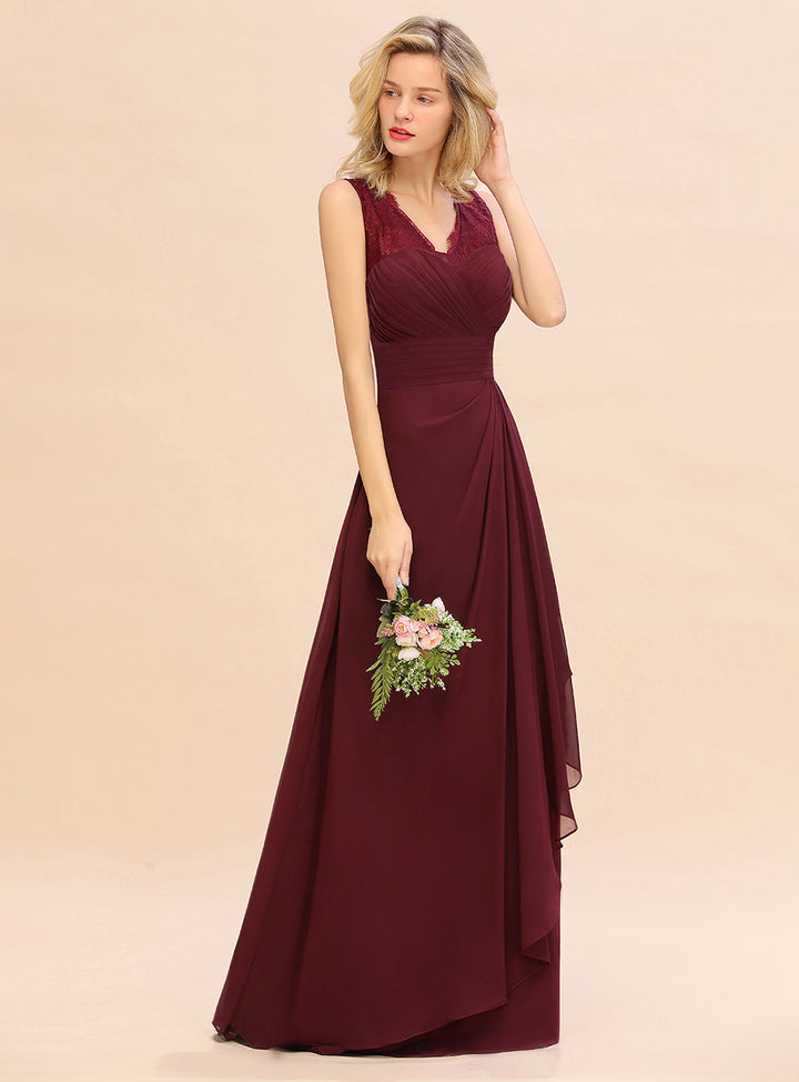 A-line V-Neck Floral Lace Chiffon Floor-Length Dress Burgundy-koscy