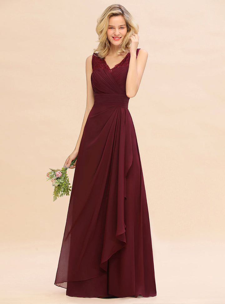 A-line V-Neck Floral Lace Chiffon Floor-Length Dress Burgundy-koscy