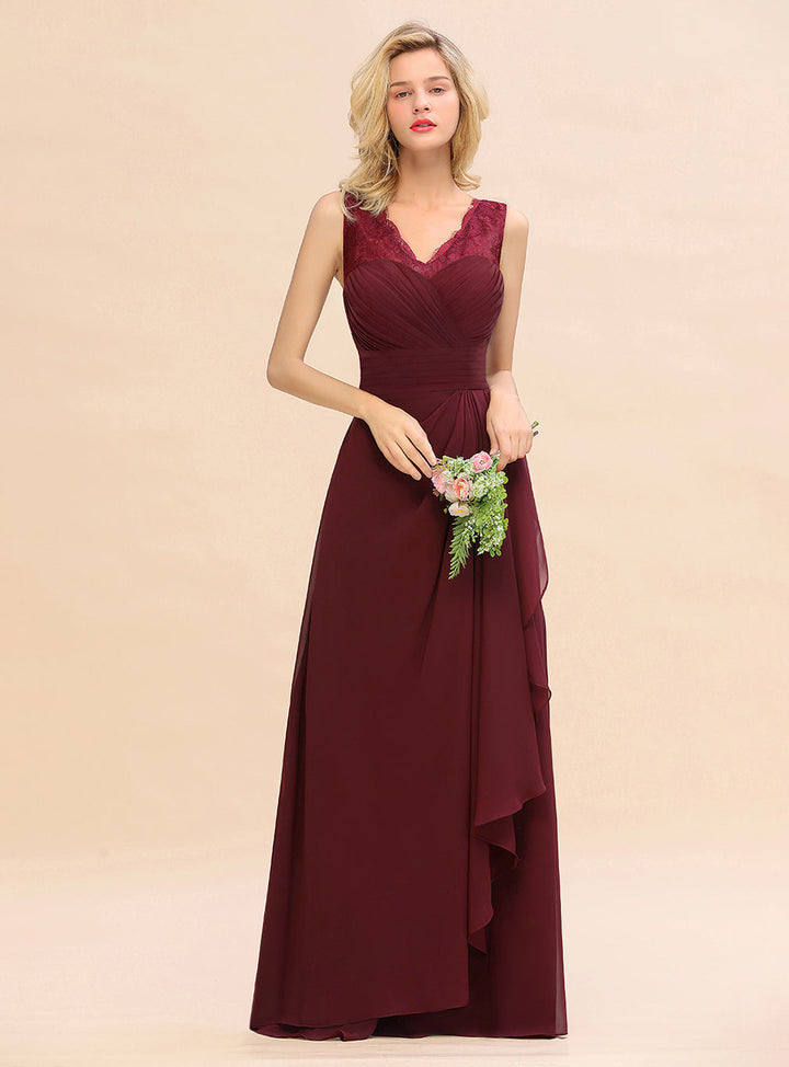 A-line V-Neck Floral Lace Chiffon Floor-Length Dress Burgundy-koscy