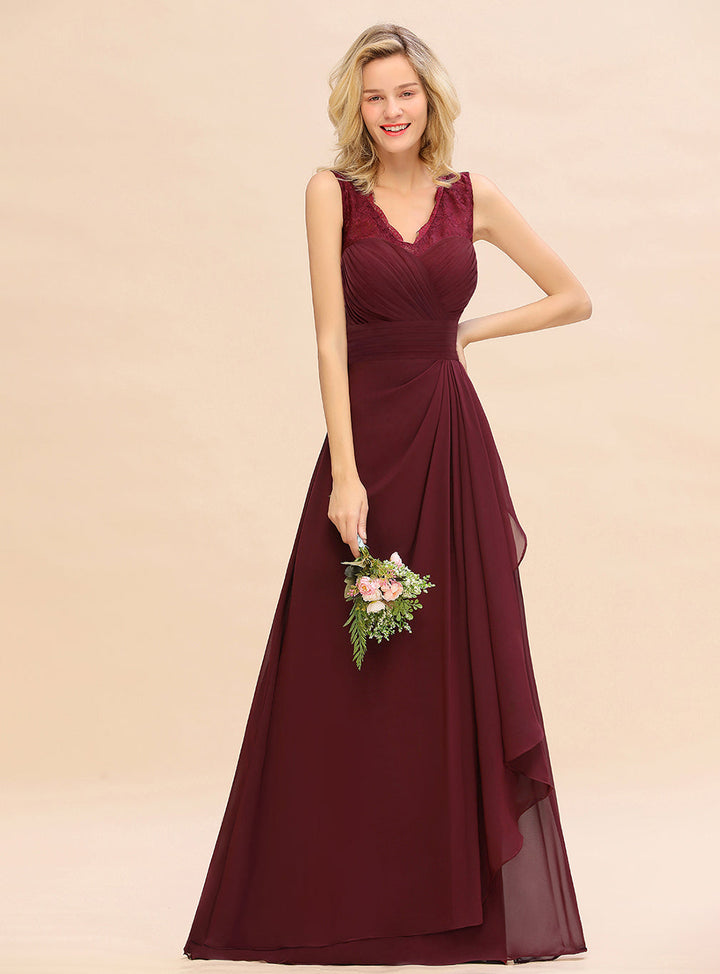 A-line V-Neck Floral Lace Chiffon Floor-Length Dress Burgundy-koscy