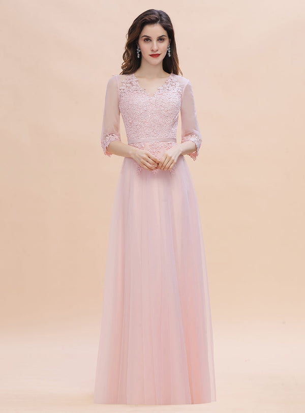 A-Line V-neck Half Sleeves Lace Floor-Length Dress-koscy