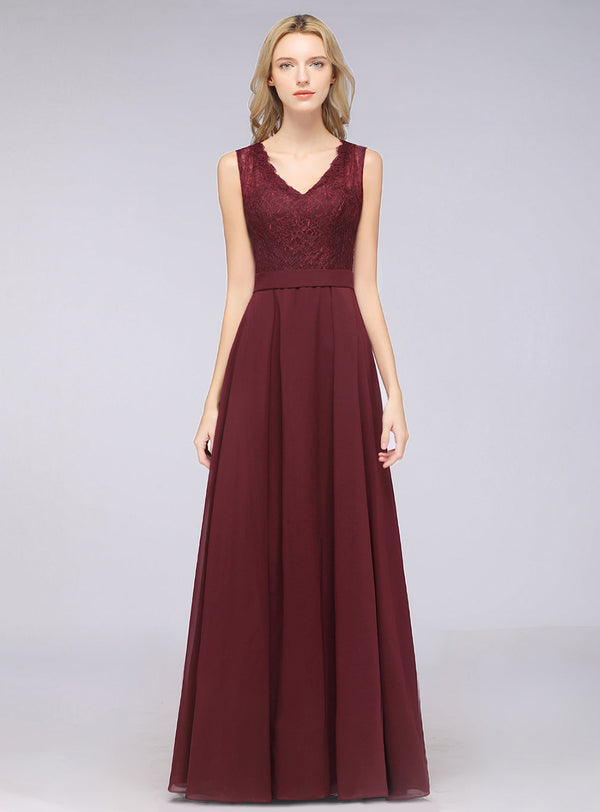 A-line V-Neck Lace Chiffon Floor-Length Dress-koscy