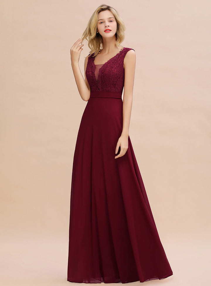 A-line V-Neck Lace Floor-Length Dress Burgundy-koscy