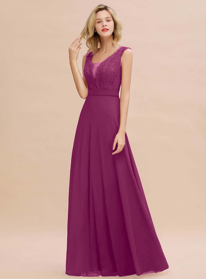 A-line V-Neck Lace Floor-Length Dress Burgundy-koscy