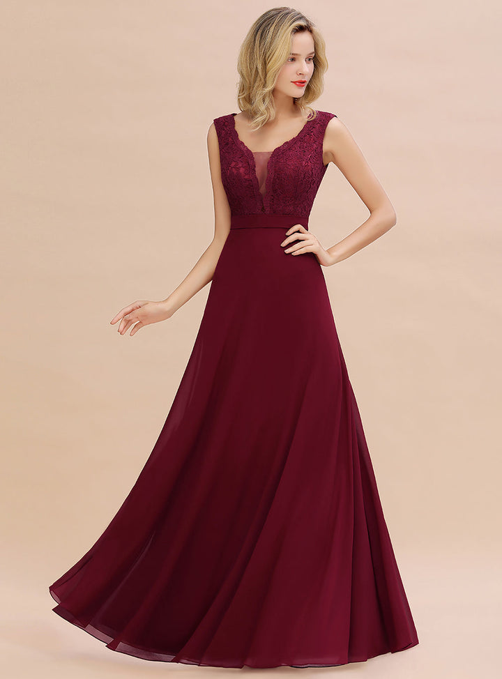 A-line V-Neck Lace Floor-Length Dress Burgundy-koscy