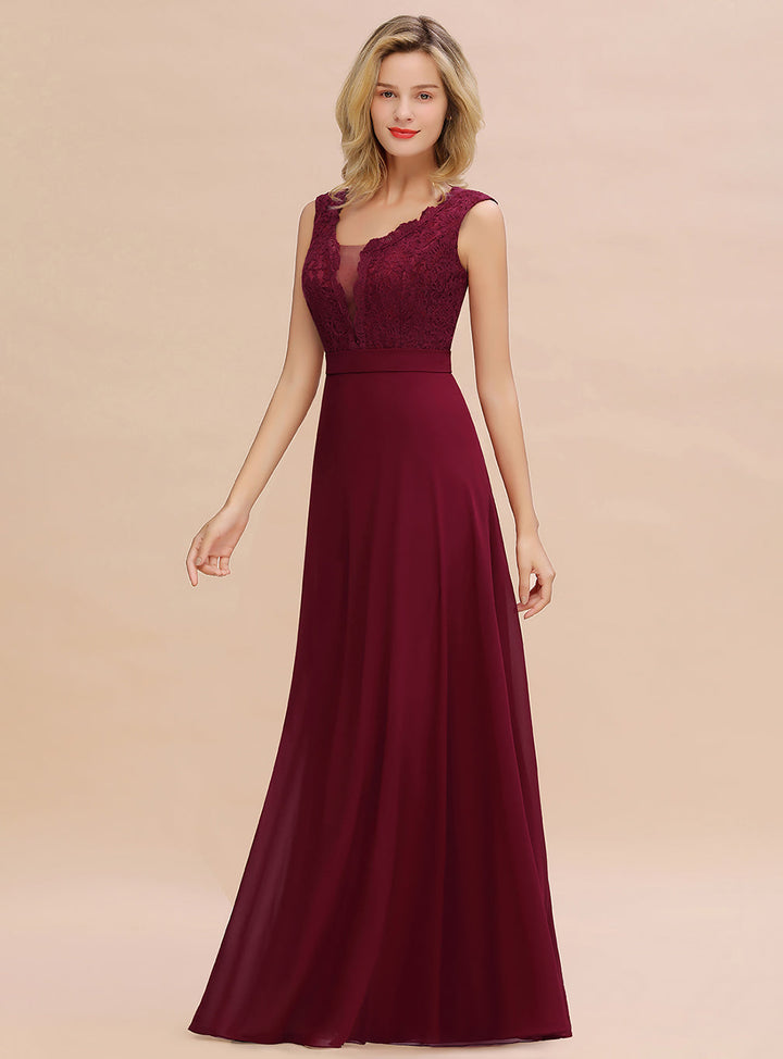 A-line V-Neck Lace Floor-Length Dress Burgundy-koscy