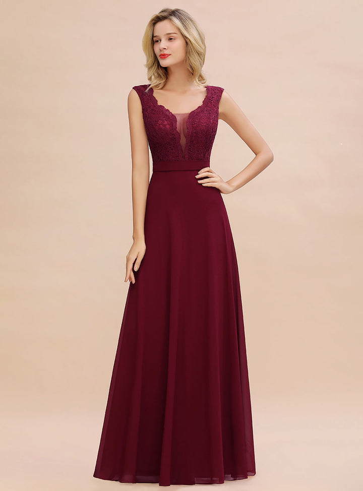 A-line V-Neck Lace Floor-Length Dress Burgundy-koscy