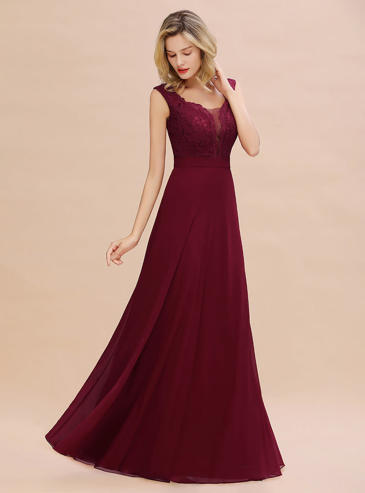 A-line V-Neck Lace Floor-Length Dress Burgundy-koscy