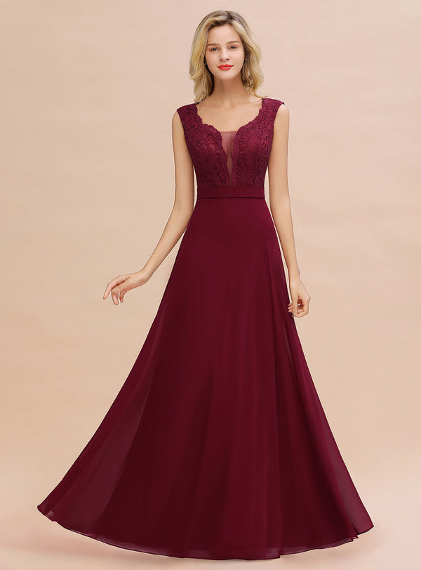 A-line V-Neck Lace Floor-Length Dress Burgundy-koscy