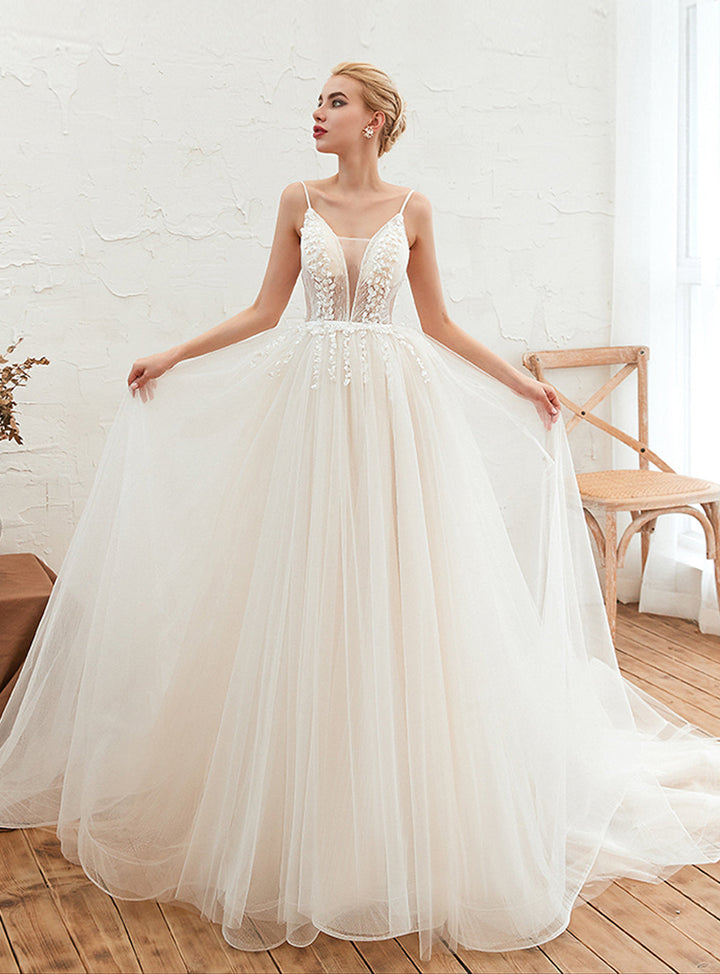 A-line V-Neck Lace Tulle Cathedral Train Dress-koscy