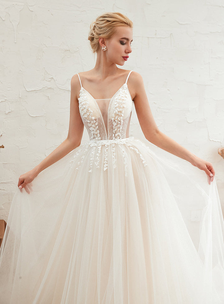 A-line V-Neck Lace Tulle Cathedral Train Dress-koscy