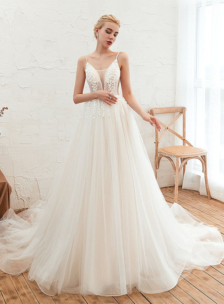 A-line V-Neck Lace Tulle Cathedral Train Dress-koscy