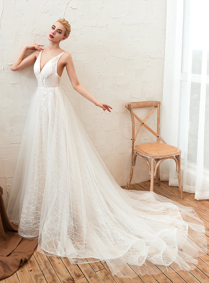 A-line V-Neck Lace Tulle Chapel Train Dress with Appliques-koscy