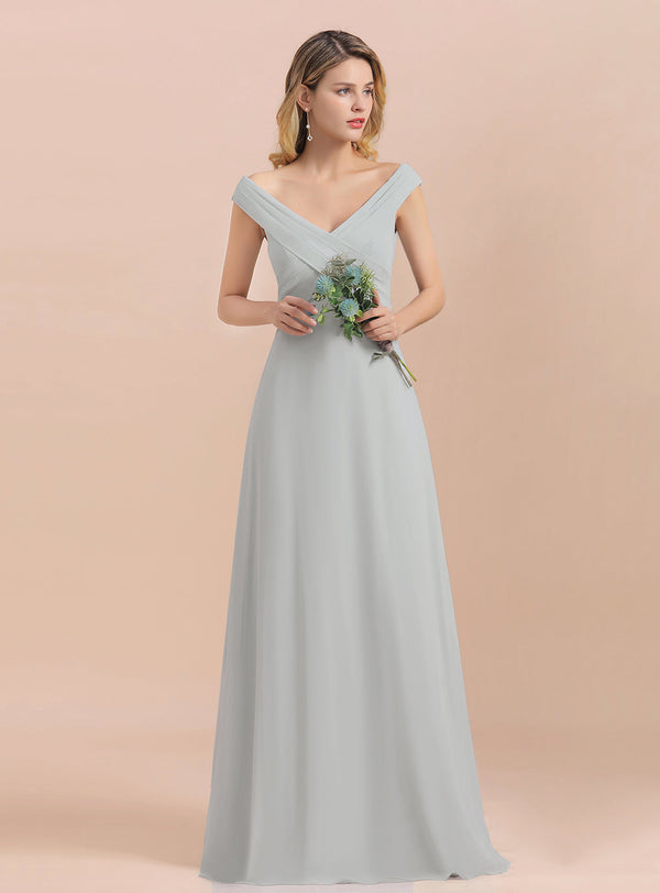 A-Line V-Neck Off-The-Shoulder Chiffon Floor-Length Dress-koscy