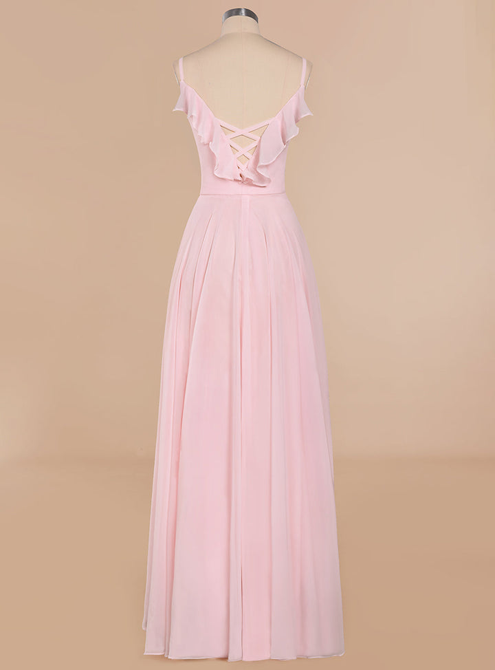 A-line V-Neck Pleated Chiffon Floor-Length Dress Blushing Pink-koscy