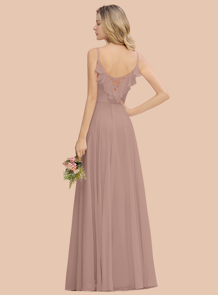 A-line V-Neck Pleated Chiffon Floor-Length Dress Blushing Pink-koscy