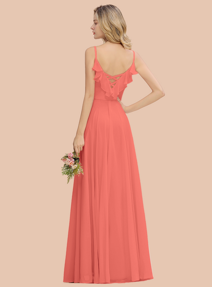 A-line V-Neck Pleated Chiffon Floor-Length Dress Blushing Pink-koscy