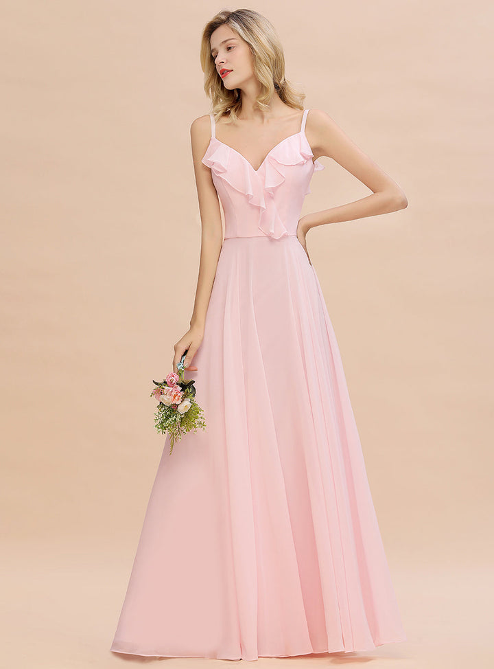 A-line V-Neck Pleated Chiffon Floor-Length Dress Blushing Pink-koscy