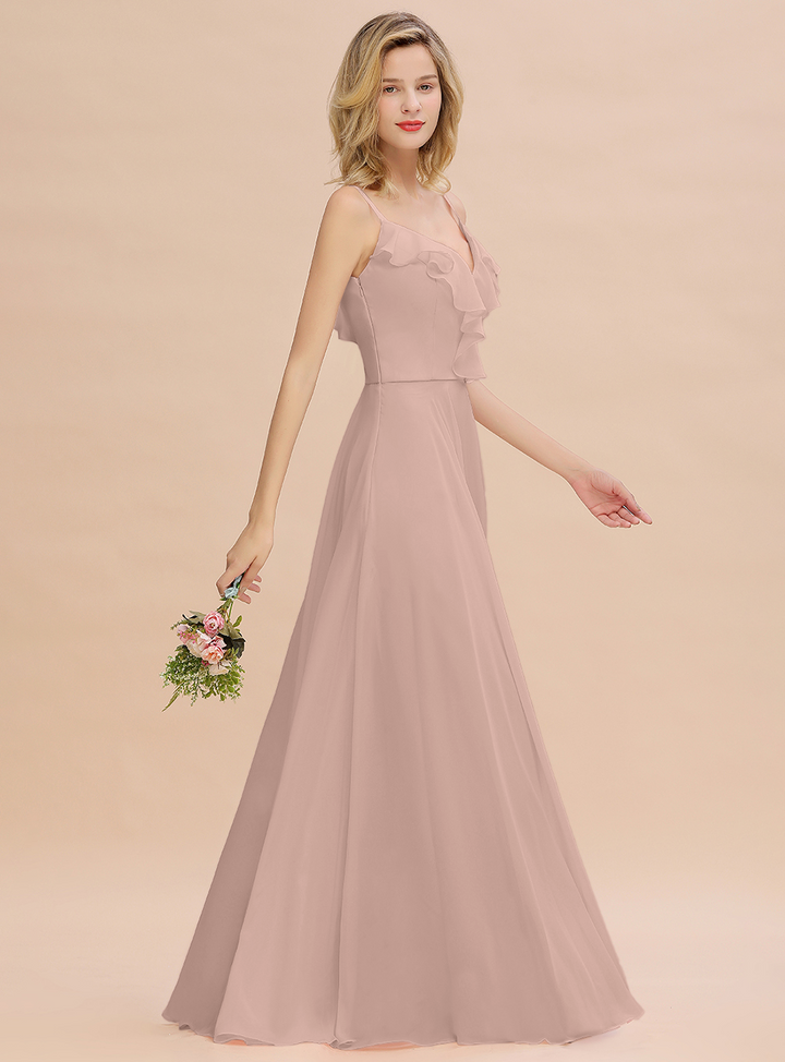 A-line V-Neck Pleated Chiffon Floor-Length Dress Blushing Pink-koscy