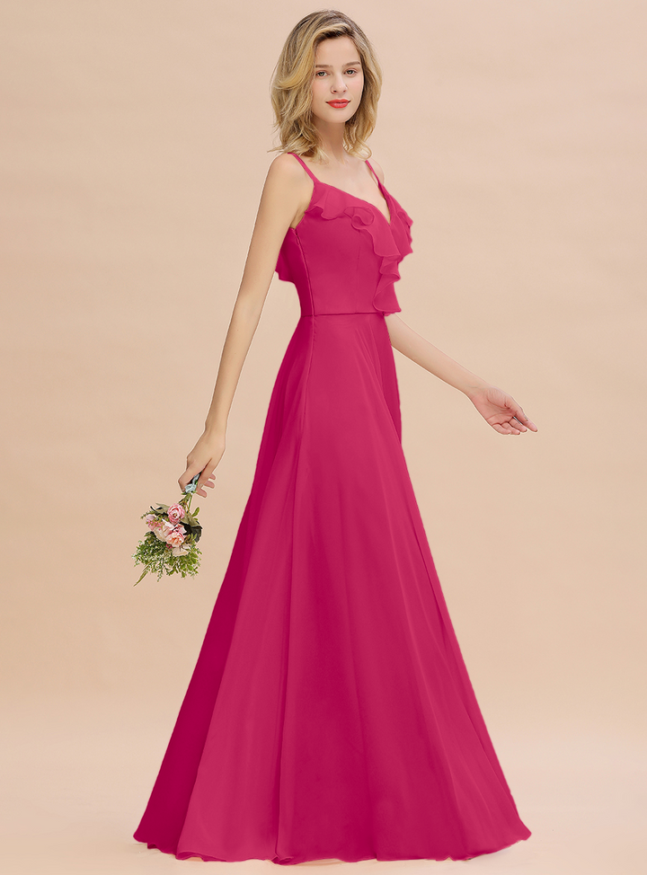 A-line V-Neck Pleated Chiffon Floor-Length Dress Blushing Pink-koscy