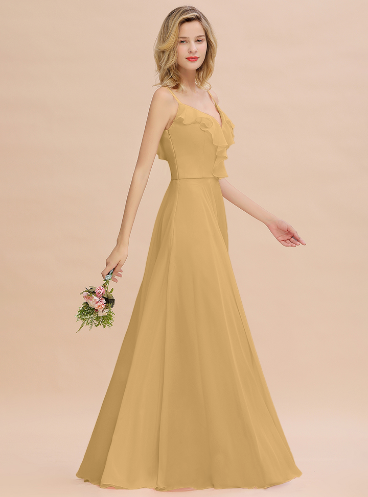 A-line V-Neck Pleated Chiffon Floor-Length Dress Blushing Pink-koscy