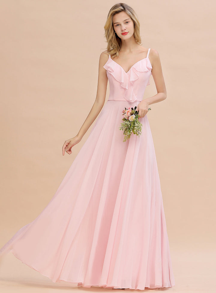 A-line V-Neck Pleated Chiffon Floor-Length Dress Blushing Pink-koscy