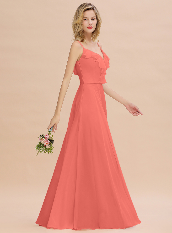 A-line V-Neck Pleated Chiffon Floor-Length Dress Blushing Pink-koscy