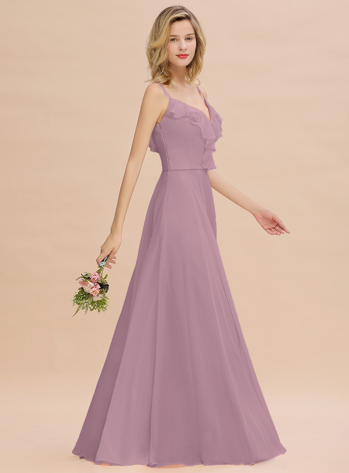 A-line V-Neck Pleated Chiffon Floor-Length Dress Blushing Pink-koscy