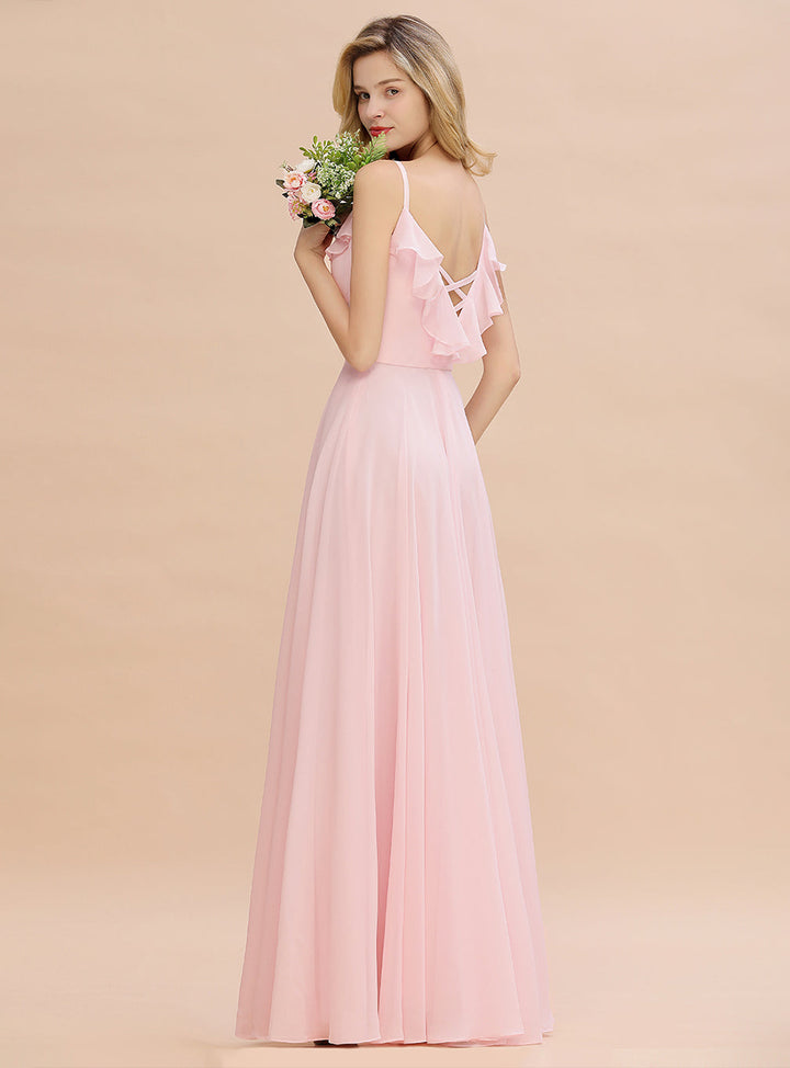 A-line V-Neck Pleated Chiffon Floor-Length Dress Blushing Pink-koscy